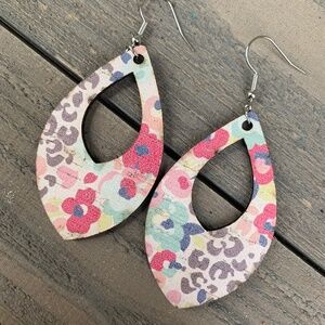 Floral Leopard Cork and Leather Teardrop Earrings - NEW WITH TAGS